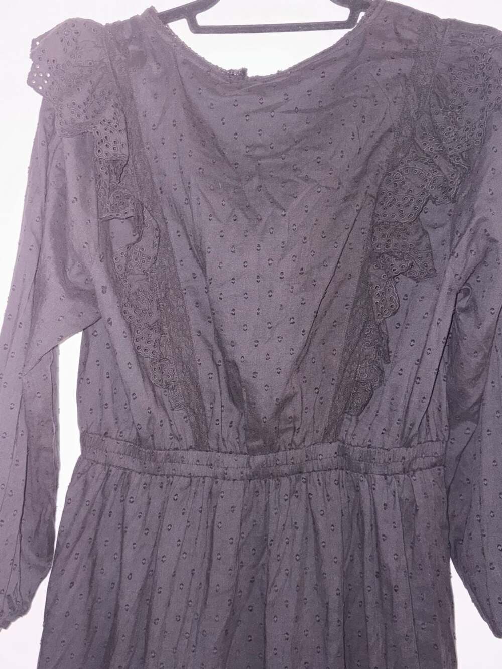 Allison New York Black Swiss Dot Ruffle Eyelet Embroidered Long Sleeve Midi Dres
